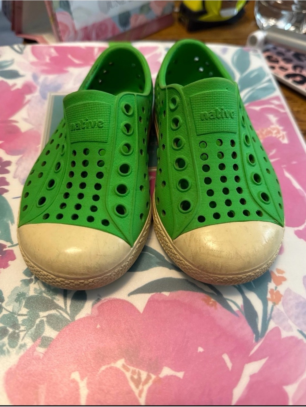 Native Kids Water Shoes in Bright Green with Cream Toe
